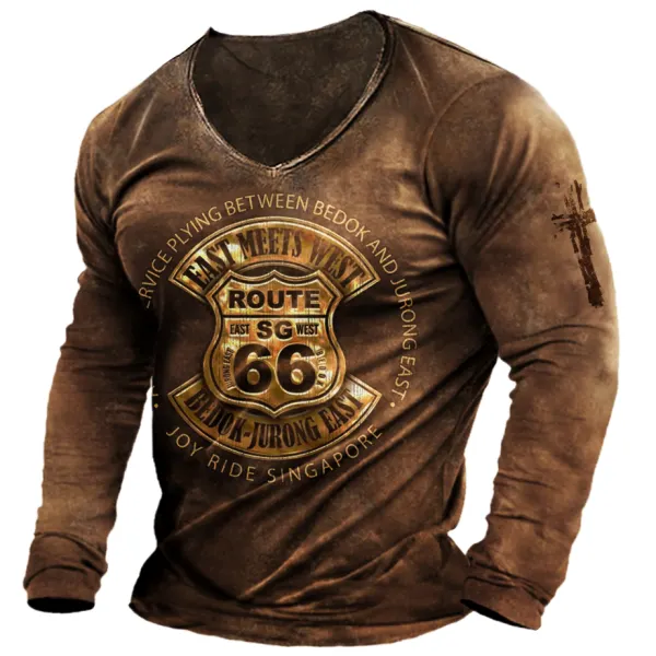 Men's Route 66 Printed V-neck T-shirt Outdoor Retro Printed Long-sleeved T-shirt - Manlyhost.com 