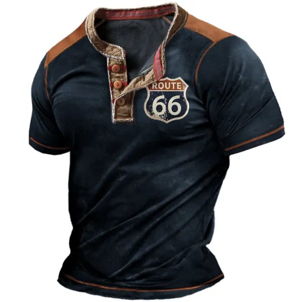 Vintage Men's Route 66 Printed Henley Neck Short Sleeve T-Shirt - Elementnice.com 