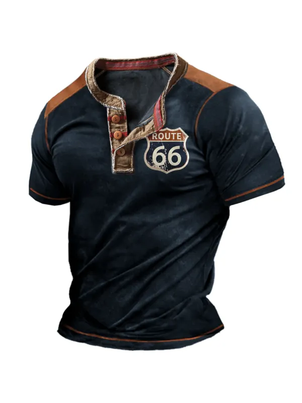 Vintage Men's Route 66 Printed Henley Neck Short Sleeve T-Shirt - Ootdmw.com 