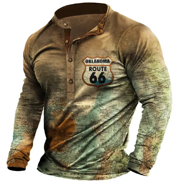 Men's Route 66 Printed Henley Collar Stand Collar T-shirt Outdoor Retro Printed Long-sleeved T-shirt - Dozenlive.com 