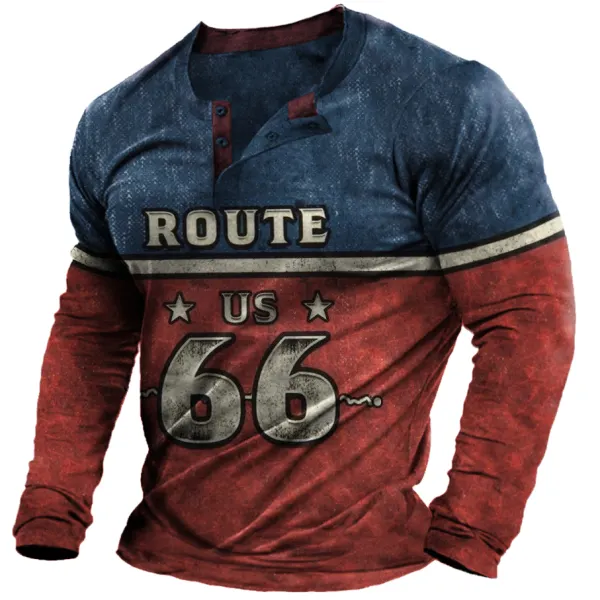 Men's Retro Route 66 Printed V-neck T-shirt Outdoor Motorcycle Contrast Printed Long-sleeved T-shirt - Dozenlive.com 
