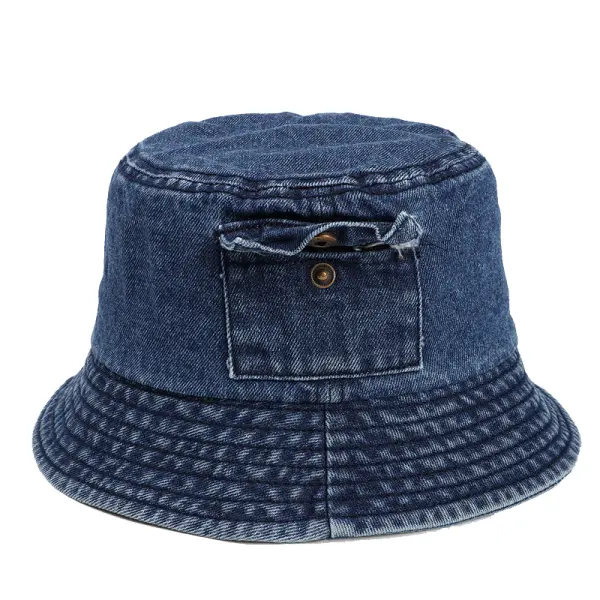 Retro Denim Small Pocket Short Brim Basin Hat Washed Hat - Dozenlive.com 