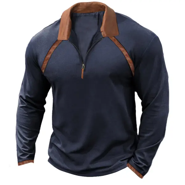 Men's T-Shirt Zipper Polo Patchwork Leather Long Sleeve Vintage Outdoor Color Block Daily Tops - Nicheten.com 