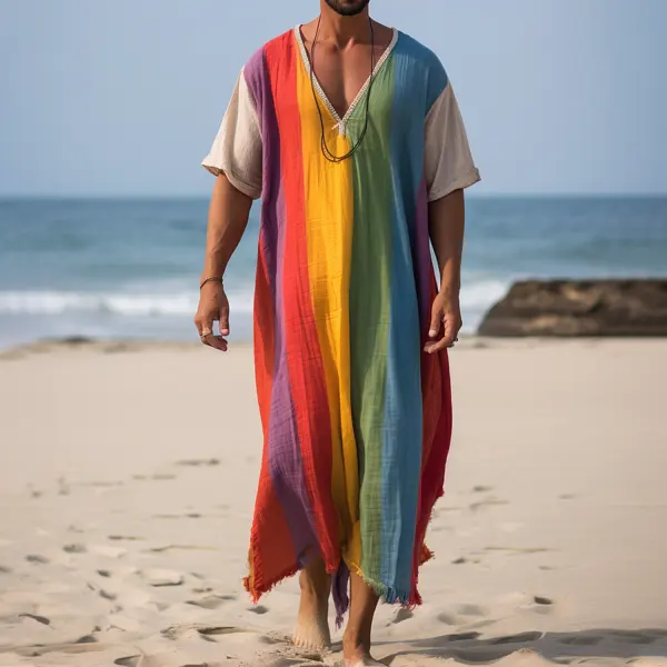 Men's Holiday Breathable V-Neck Linen Long Shirt - Yiyistories.com 