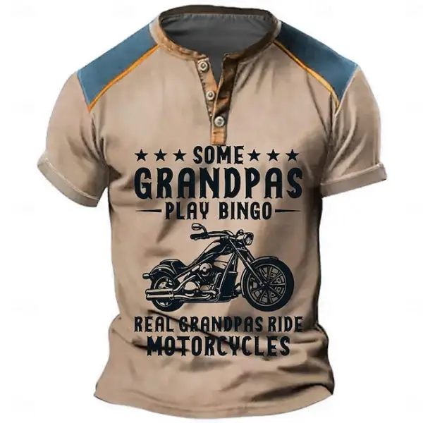 Motorcycle Grandpa Men's T-Shirt Henley Vintage Colorblock Summer Daily Tops - Manlyhost.com 