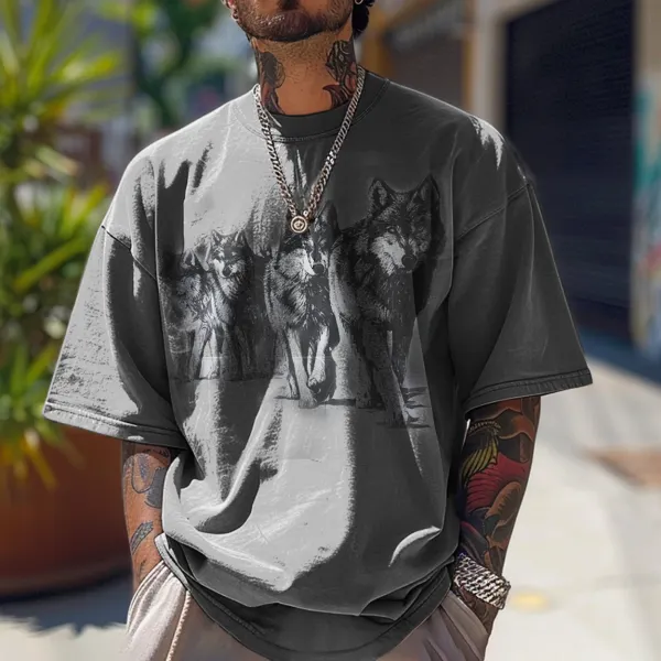 Unisex Vintage Western Wolf Pack Print T-Shirt - Trisunshine.com 