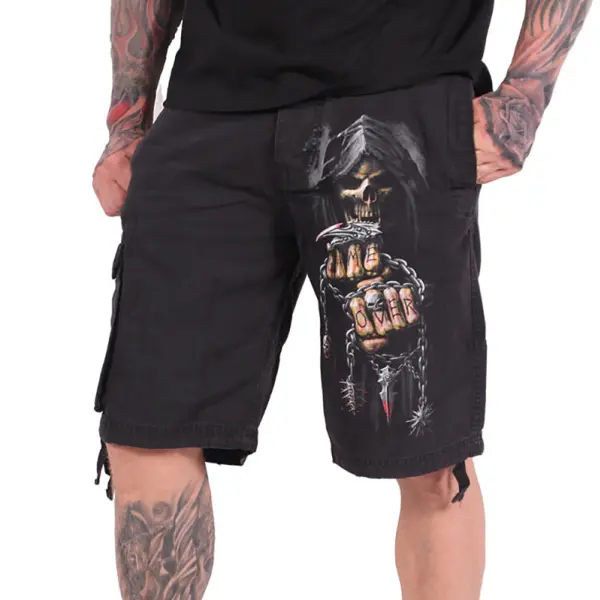 Men's Rock Skull Printed Dark Vintage Multi-Pocket Outdoor Cargo Shorts - Manlyhost.com 