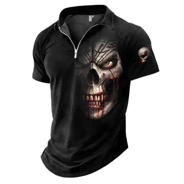 Men's Zipper Polo Shirt Skull Dark Rock Vintage Outdoor Short Sleeve Summer Daily Tops - Manlyhost.com 