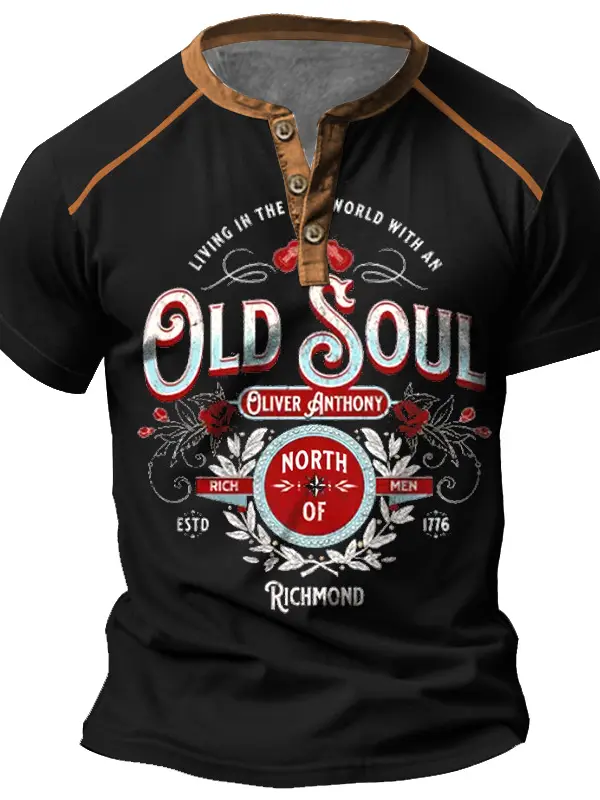 Men's Vintage Oliver Anthony Rich Men North Of Richmond Western Country Music Color Block Print Henley Short Sleeve T-Sh Only $23.99 - Menwyx.com 