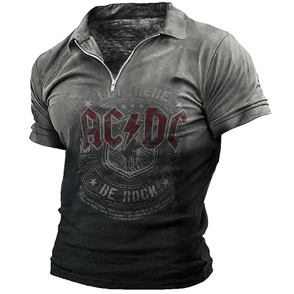 Men's Acdc Rock Band Vintage Gradient Print Polo Zip Shirt Short Sleeve Lapel T-Shirt Casual Fit Tops - Elementnice.com 