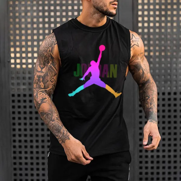 Men's Basketball Print Sleeveless Cotton T-Shirt - Ootdyouth.com 