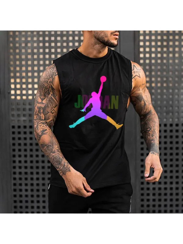 Men's Basketball Print Sleeveless Cotton T-Shirt - Ootdmw.com 