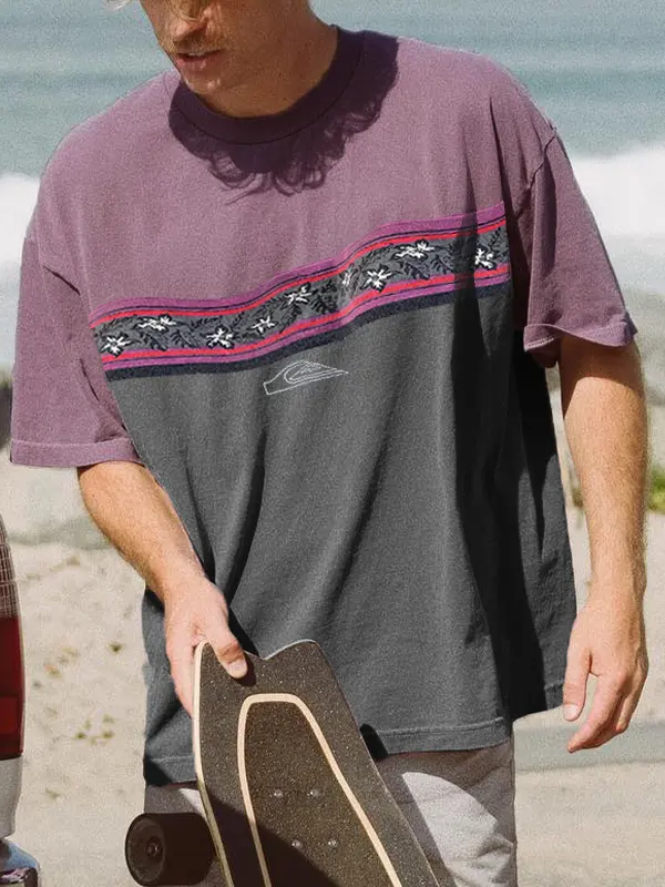 Retro Contrast Round Neck Surf T-Shirt - Menbarn.com 