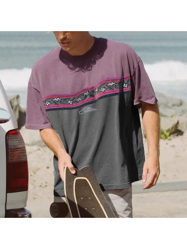 Retro Contrast Round Neck Surf T-Shirt - Anrider.com 