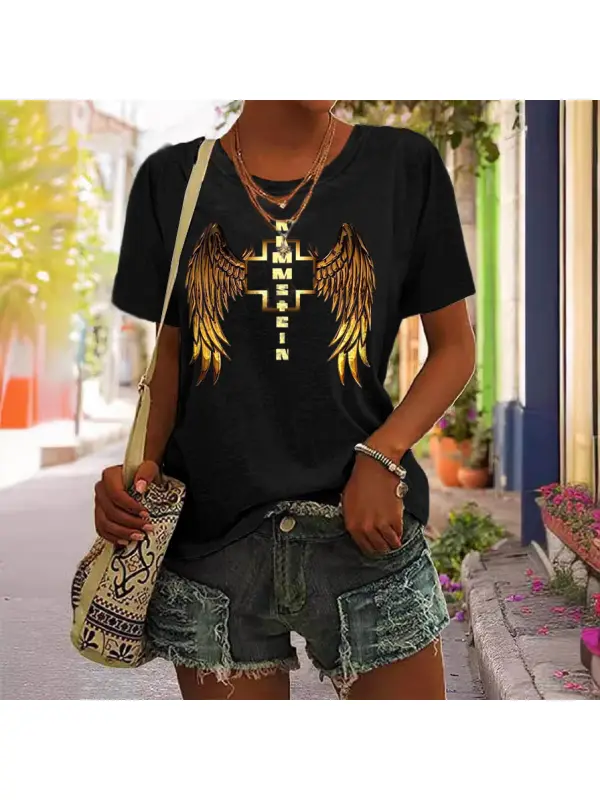 Women's Rammstein Rock Band Wings Short Sleeve Crew Neck T-Shirt - Aptkoi.com 