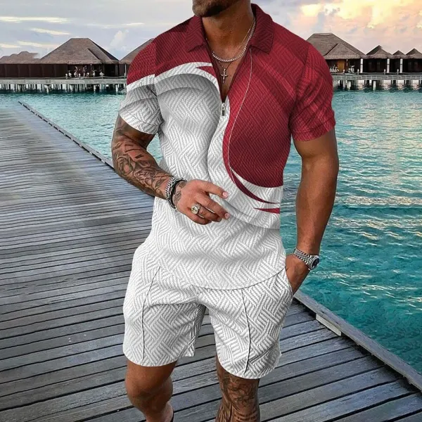 Men's Casual Zipper Stand Collar Shirt + Shorts Short Sleeve 2-piece Suit - Yiyistories.com 