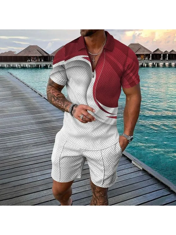 Men's Casual Zipper Stand Collar Shirt + Shorts Short Sleeve 2-piece Suit - Anrider.com 