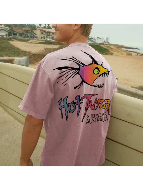 Men's Casual Retro Fish Letter Printed T-shirt - Aptkoi.com 