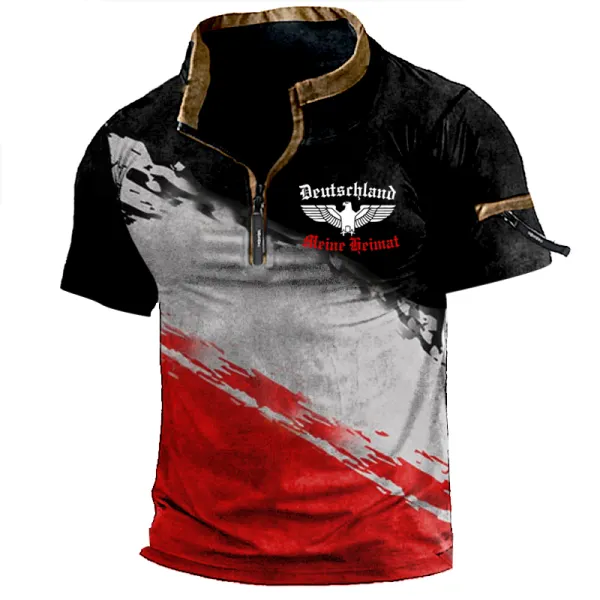 Men's German Meine Heimat Vintage Print Short Sleeve Color Block Zipper Summer Daily T-Shirt Tops - Cotosen.com