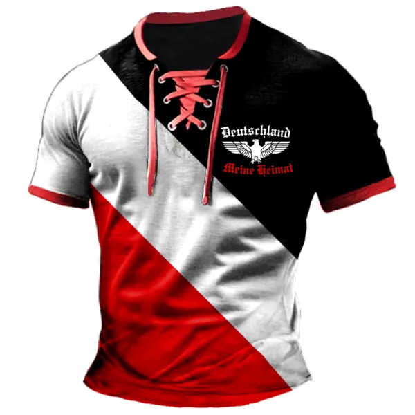 Men's German Meine Heimat Vintage Lace-Up Short Sleeve Color Block Summer Daily T-Shirt Tops - Cotosen.com
