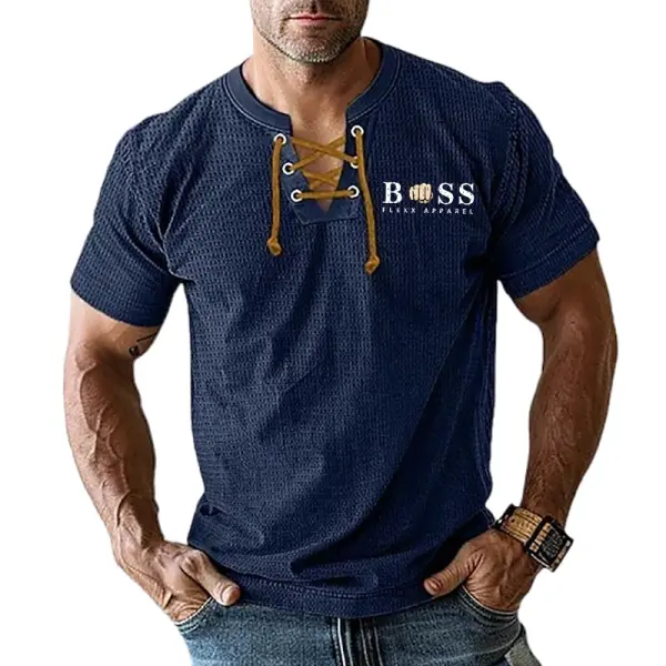 Men's T-Shirt Print Waffle Vintage Lace-Up Short Sleeve Summer Daily Tops Only $25.99 - Elementnice.com 