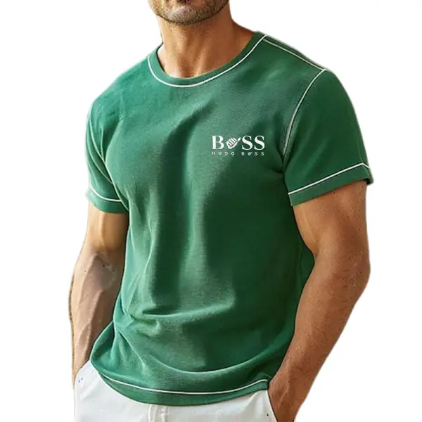 Men's Embroidery Terry Towel Vintage Color Block Crew Neck Short Sleeve T-Shirt Only $23.99 - Elementnice.com 
