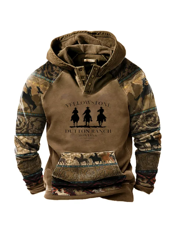 Men's Vintage Western Yellowstone Colorblock Hoodie - Anrider.com 