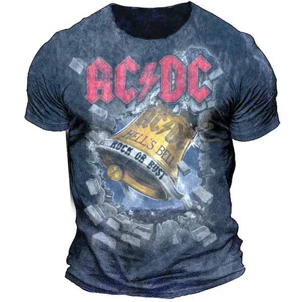 Men's Acdc Rock Band Washed Blue Vintage Print Short Sleeved T-shirt - Dozenlive.com 