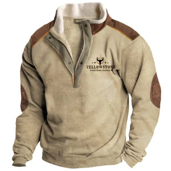 Men's Vintage Western Yellowstone Zipper Stand Collar Sweatshirt - Dozenlive.com 
