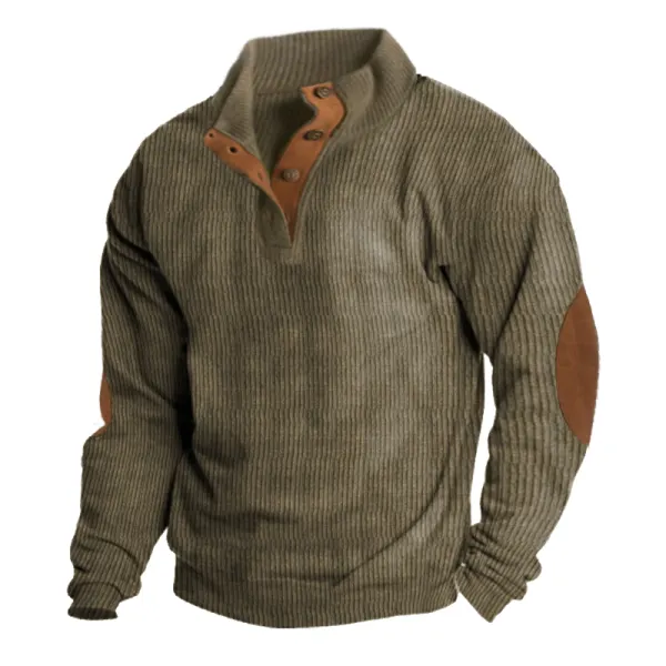 Cotosen Original Design Men's Corduroy Patchwork Color Block Casual Stand Collar Henley Sweatshirt - Wayrates.com 