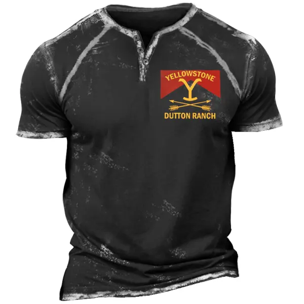 Men's Vintage Distressed Yellowstone Western Cowboys Print Henley Neck T-Shirt Only $23.99 - Cotosen.com 