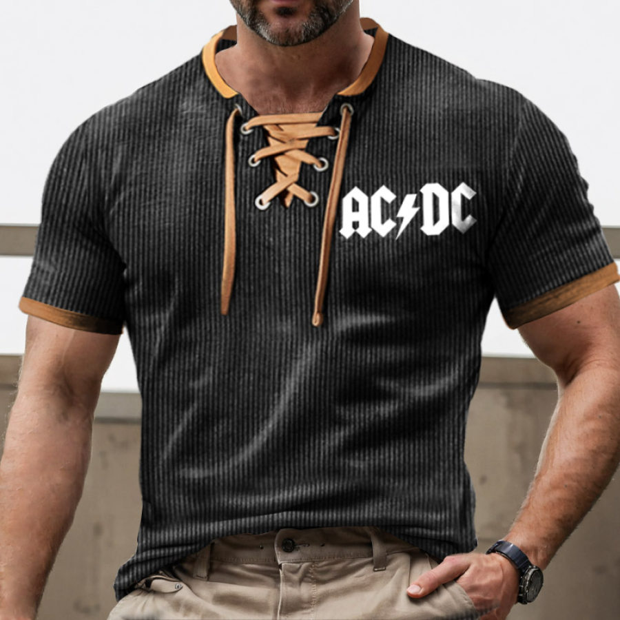 

Men's T-Shirt ACDC Rock Band Ribbed Lightweight Corduroy Vintage Lace-Up Short Sleeve Color Block Summer Daily Tops