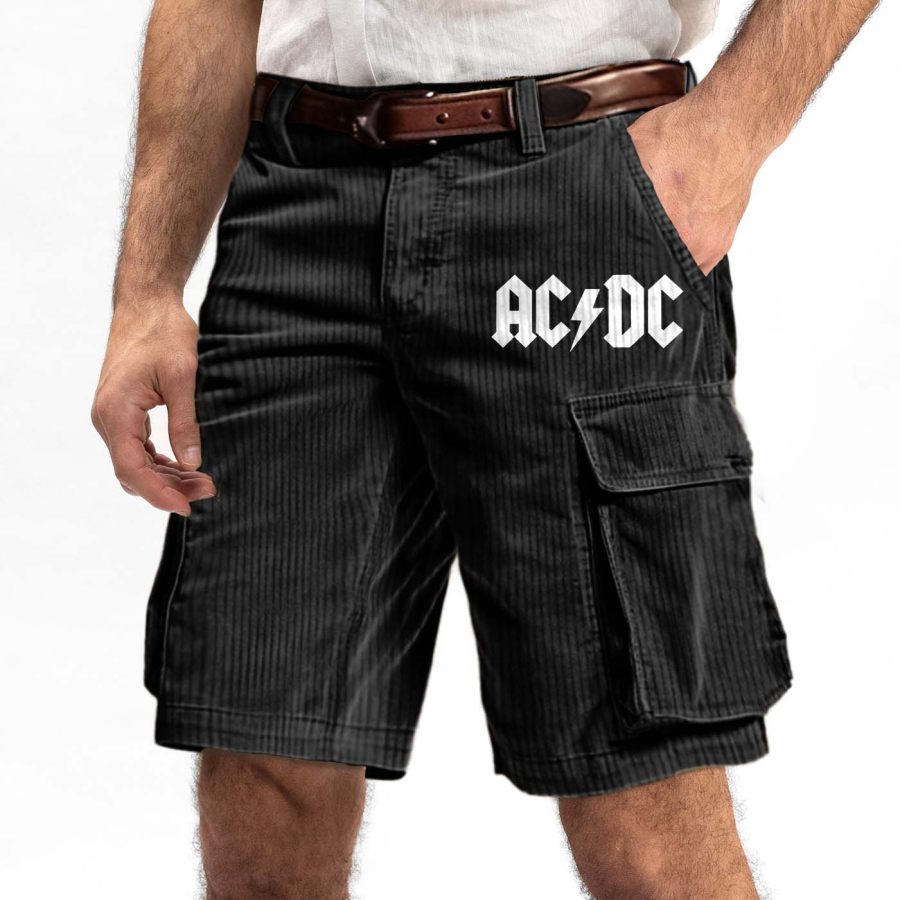 

Men's Corduroy ACDC Rock Band Print Outdoor Vintage Multi Pocket Shorts