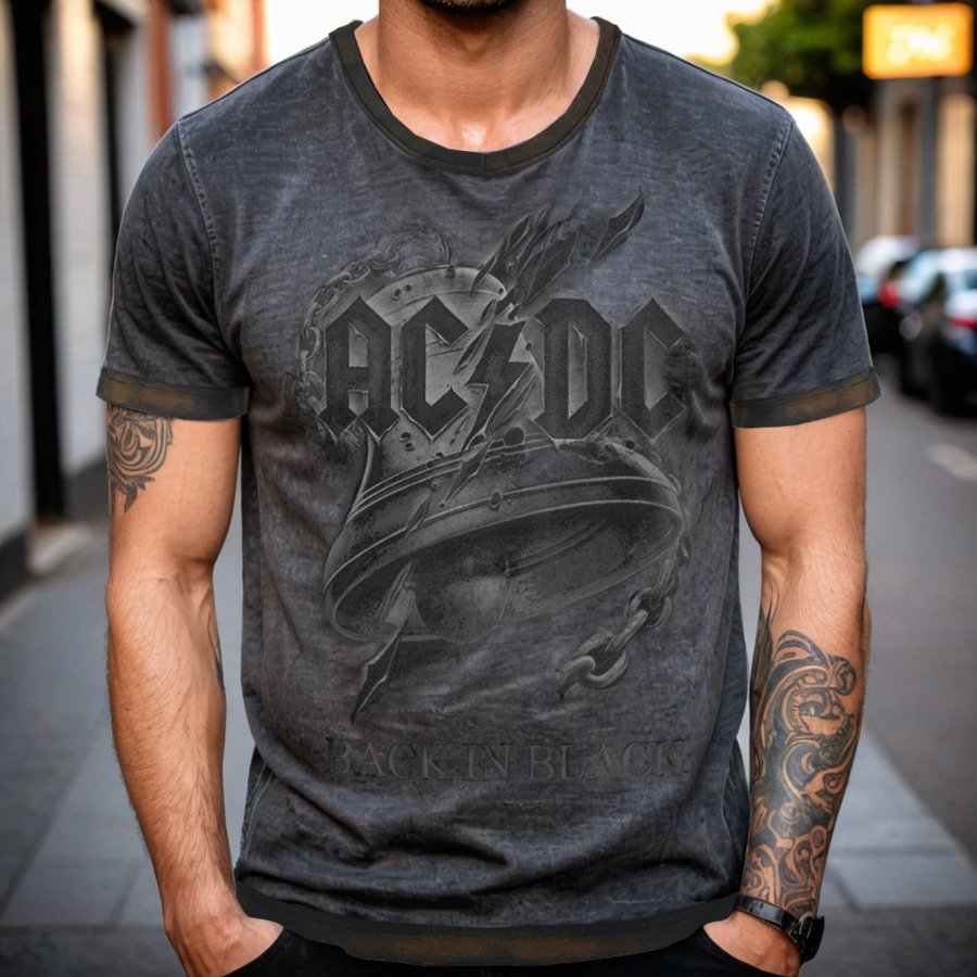 

Men's Vintage Hells Bells ACDC Devil Skull Print Crew Neck T-Shirt