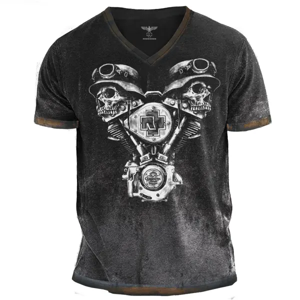 Mens Vintage Skull Print Short Sleeve V Neck T-Shirt - Anurvogel.com 