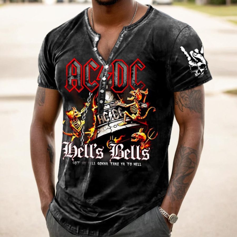 

Men's T-Shirt Henley ACDC Rock Band Dark Skull Vintage Summer Daily Tops