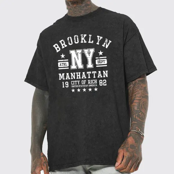 Oversized Brooklyn Vintage Style Acid Washed Distressed T-shirt - Dozenlive.com 