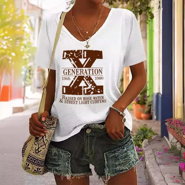 Women's Vintage Generation X Raised On Hose Water And Neglect Print Short Sleeve V-Neck Casual T-Shirt - Dozenlive.com 