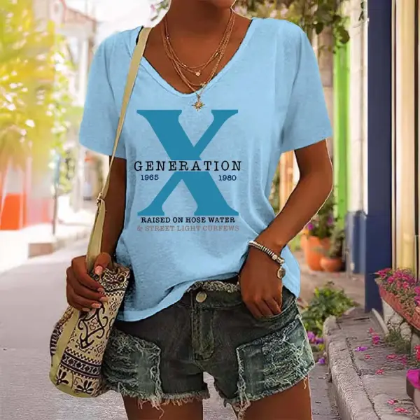 Women's Vintage Generation X Print Short Sleeve V-Neck Casual T-Shirt - Anurvogel.com 
