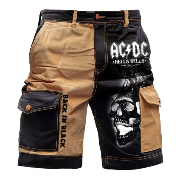 Men's Vintage ACDC Rock Band Dark Skull Corduroy Color Block Multi Pocket Outdoor Shorts - Menzfolk.com 