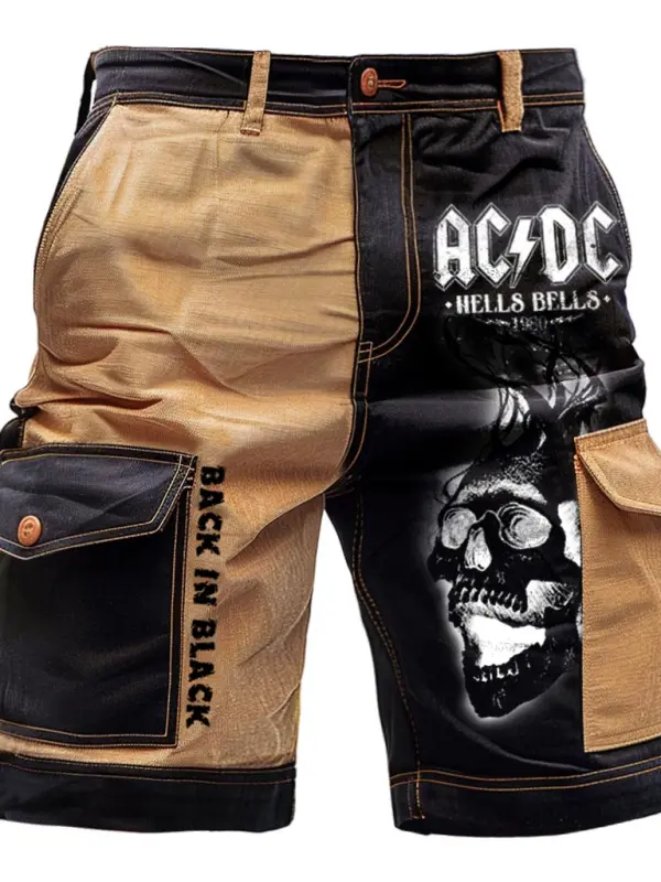 Men's Vintage ACDC Rock Band Dark Skull Corduroy Color Block Multi Pocket Outdoor Shorts - Menwyx.com 