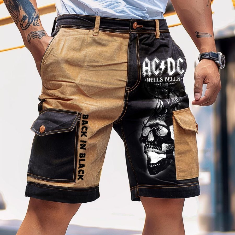 

Men's Vintage ACDC Rock Band Dark Skull Corduroy Color Block Multi Pocket Outdoor Shorts