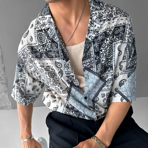 Oversized Graphic Cuban Collar Short Sleeve Shirt - Dozenlive.com 