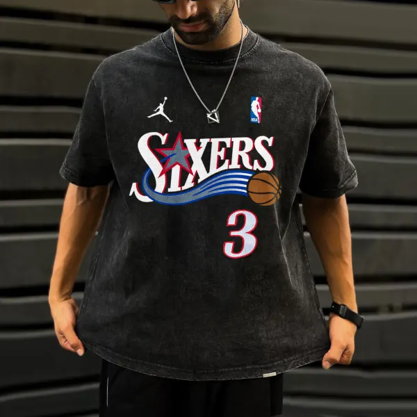 Retro Washed Distressed T-shirt Philadelphia 76ers Printed Casual T-shirt - Dozenlive.com 