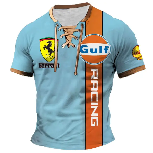 Men's T-Shirt Motor Oil Racing Vintage Lace-Up Short Sleeve Color Block Summer Daily Tops - Cotosen.com