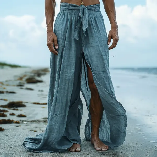 Men's Casual Retro Linen Trousers Holiday Seaside Slit Ethnic Style Long Linen Trousers - Dozenlive.com 