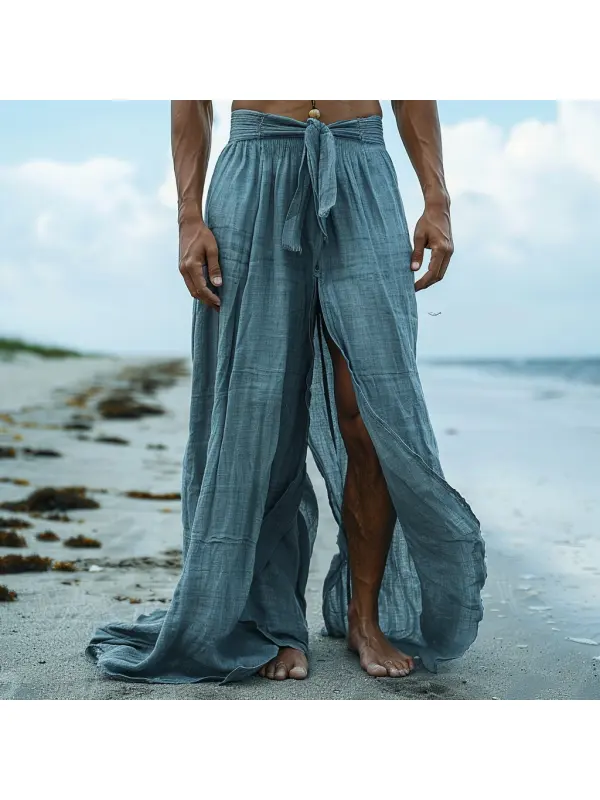 Men's Casual Retro Linen Trousers Holiday Seaside Slit Ethnic Style Long Linen Trousers - Anrider.com 