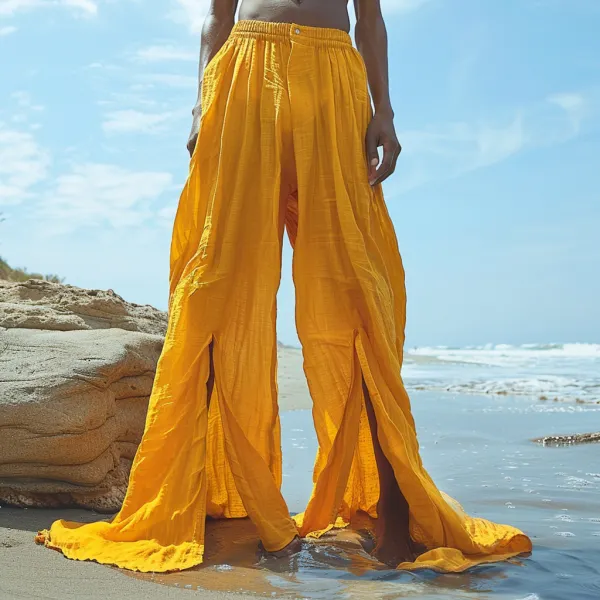 Men's Casual Retro Linen Trousers Holiday Seaside Slit Ethnic Style Long Linen Trousers - Dozenlive.com 
