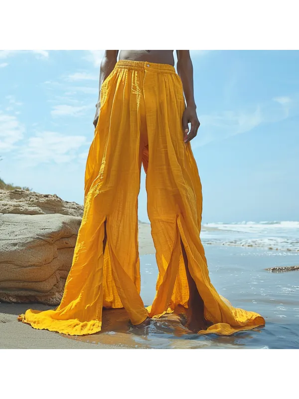 Men's Casual Retro Linen Trousers Holiday Seaside Slit Ethnic Style Long Linen Trousers - Ininrubyclub.com 