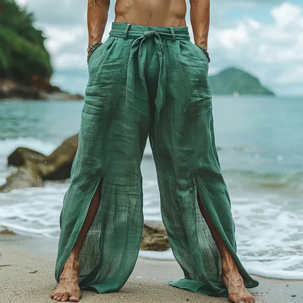 Men's Casual Retro Linen Trousers Holiday Seaside Ethnic Style Elegant Long Linen Trousers - Dozenlive.com 